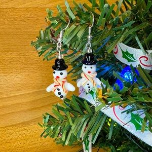 Handmade Lamp Work Snowman Earrings